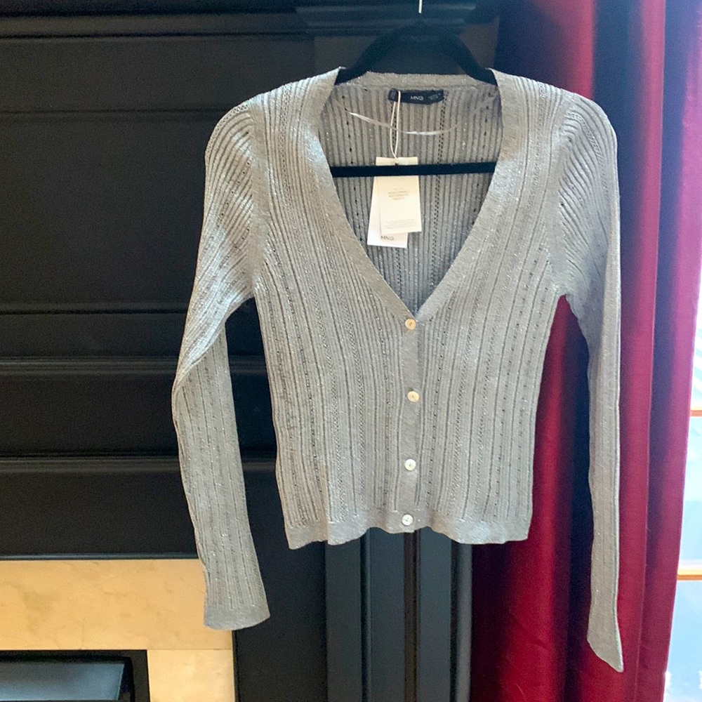 ZARA pewter metallic v neck cropped cardigan sz m